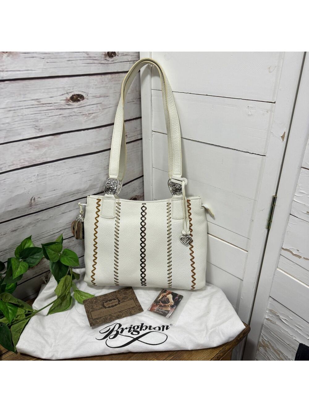 Brighton Ivory Leather Pic-Stitch Detail Hobo Shoulder Bag Purse with Dust Case